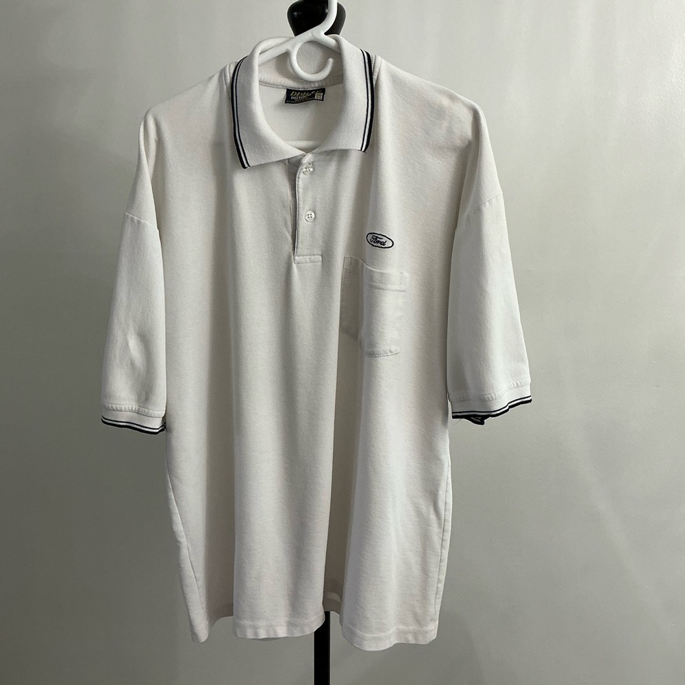 Vintage Ford White Polo Shirt Mens 2XL Cotton 2 Button Pocket Logo Casual